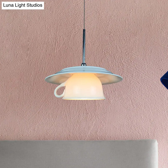 Nordic Style 1-Head Hanging Light Kit: Ceramic Coffee Cup Pendant Lamp With Green Plate White