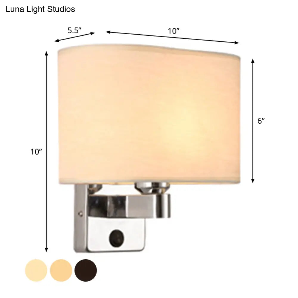 Nordic 1-Light Bedroom Wall Lamp With Chrome Sconce And Oval/Square Fabric Shade (Black/White/Beige)