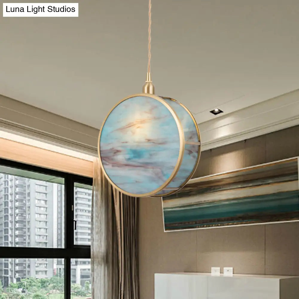 Nordic 1-Light Hanging Lamp Kit - Pink/Blue Glass Shade With Brass Pendant Fixture