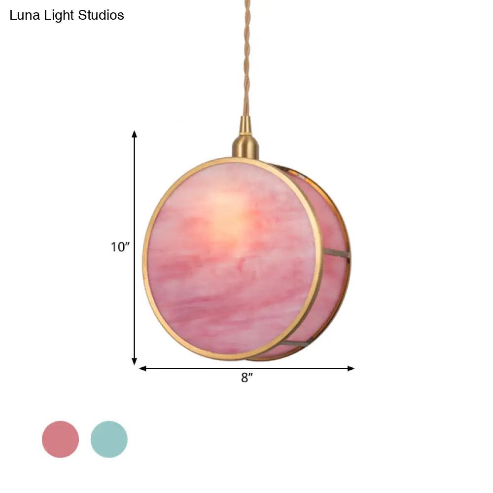 Nordic 1-Light Hanging Lamp Kit - Pink/Blue Glass Shade With Brass Pendant Fixture