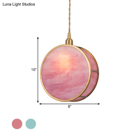 Nordic 1-Light Hanging Lamp Kit - Pink/Blue Glass Shade With Brass Pendant Fixture