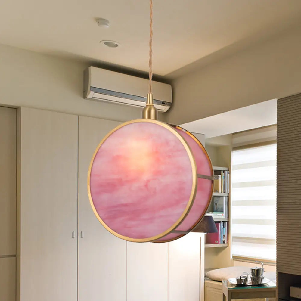 Nordic 1-Light Hanging Lamp Kit - Pink/Blue Glass Shade With Brass Pendant Fixture Pink