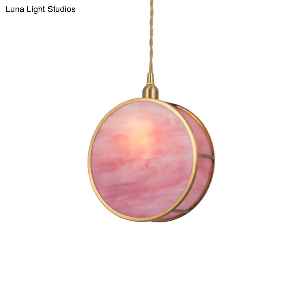 Nordic 1-Light Hanging Lamp Kit - Pink/Blue Glass Shade With Brass Pendant Fixture