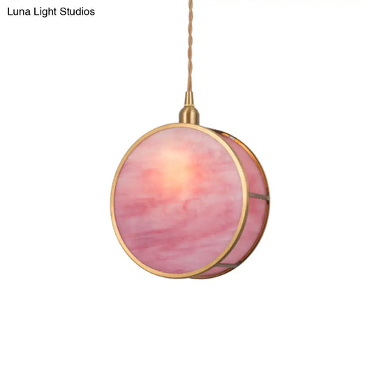 Nordic 1-Light Hanging Lamp Kit - Pink/Blue Glass Shade With Brass Pendant Fixture