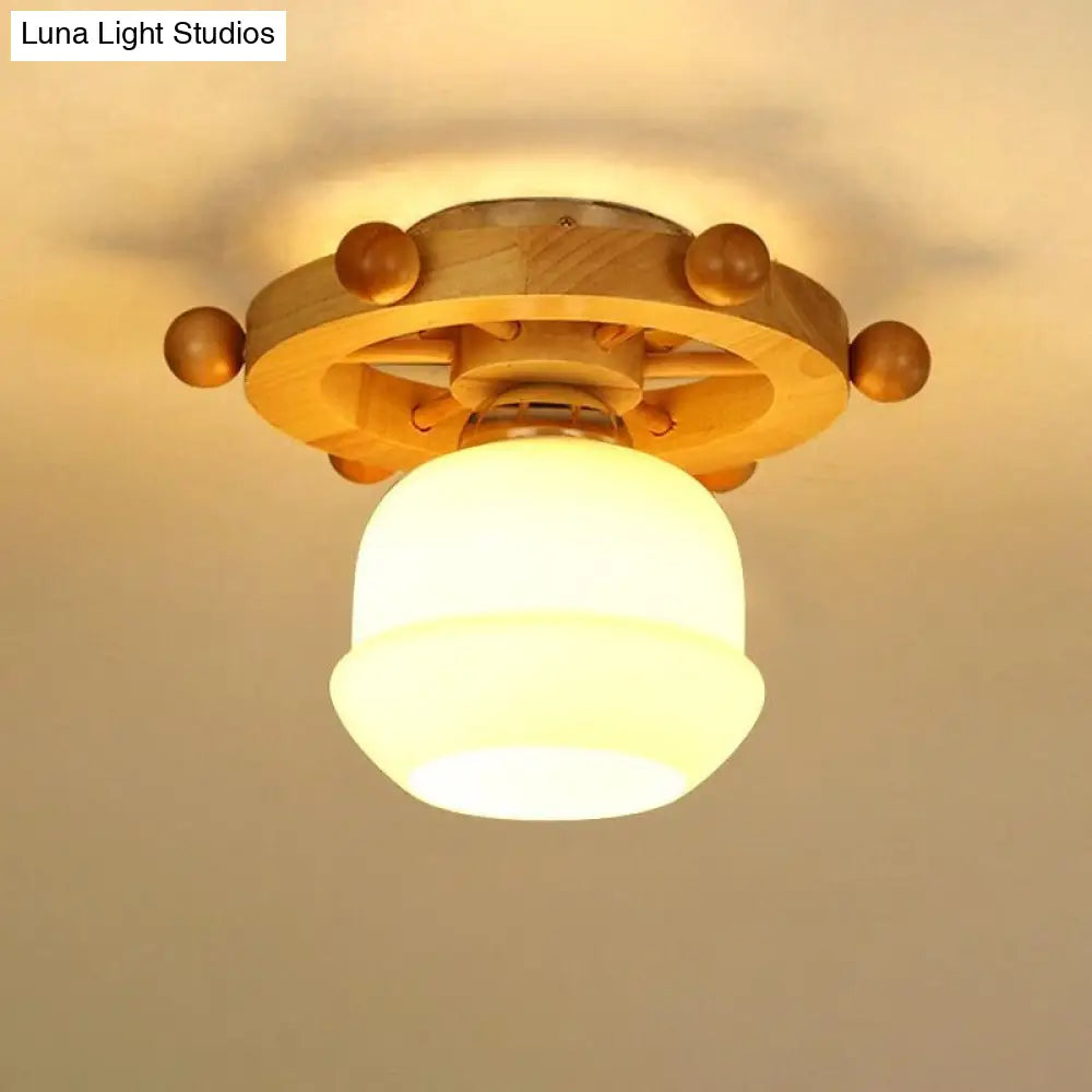 Nordic 1-Light White Glass Flushmount Ceiling Light With Wheel Backplate - Ideal For Bathrooms