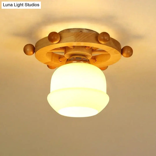 Nordic 1-Light White Glass Flushmount Ceiling Light With Wheel Backplate - Ideal For Bathrooms