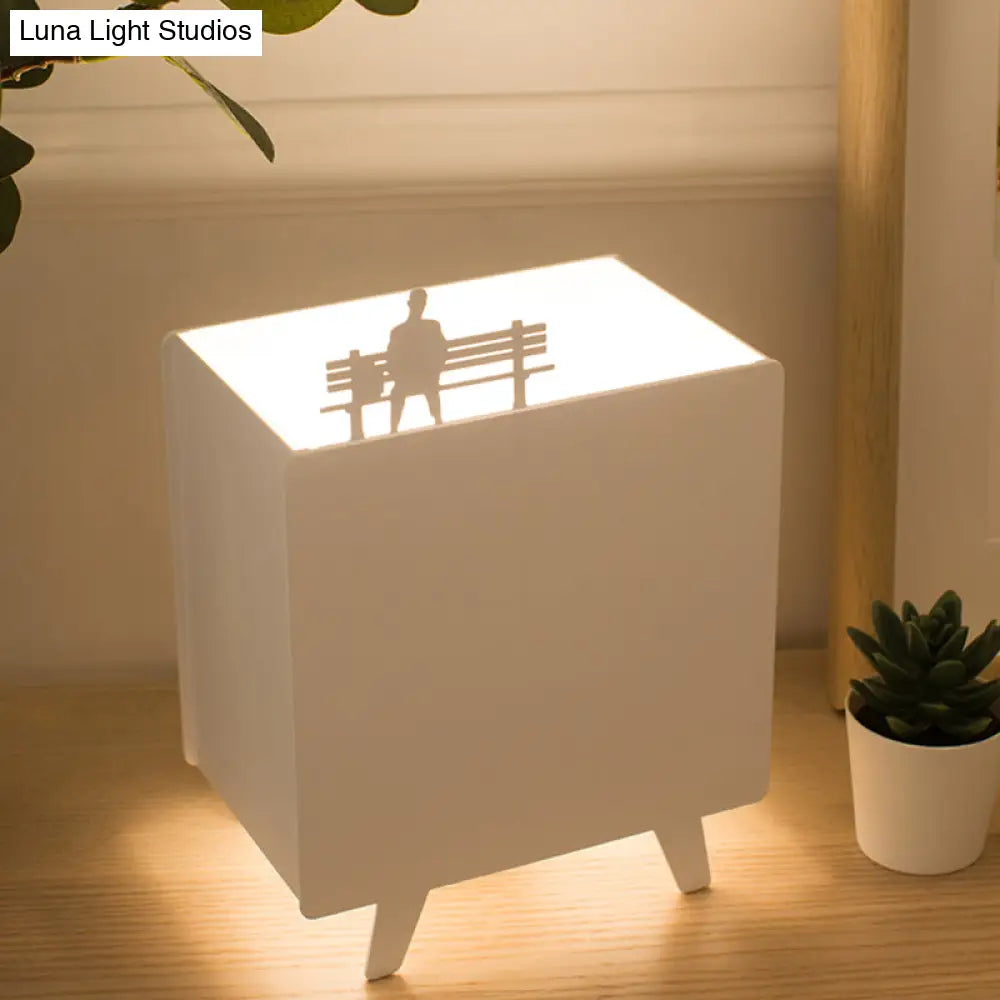 Nordic 1-Light White Night Table Lamp With Metal Carving Square Metallic Reading Light