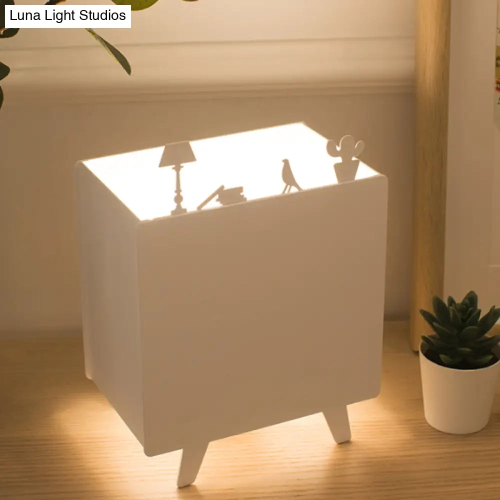 Nordic 1-Light White Night Table Lamp With Metal Carving Square Metallic Reading Light