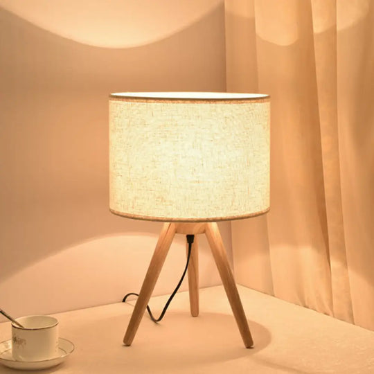 Nordic 1-Light White Table Lamp With Wood Pedestal For Bedroom / B