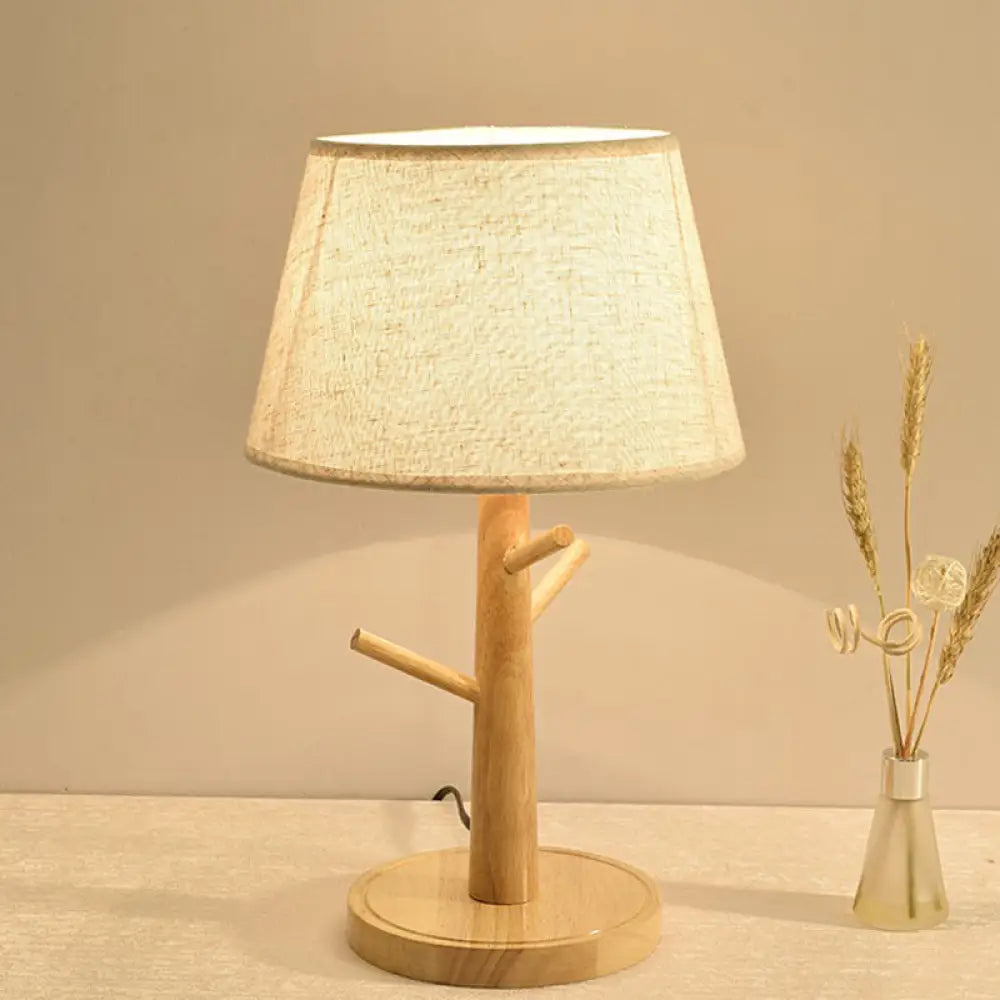 Nordic 1-Light White Table Lamp With Wood Pedestal For Bedroom / D