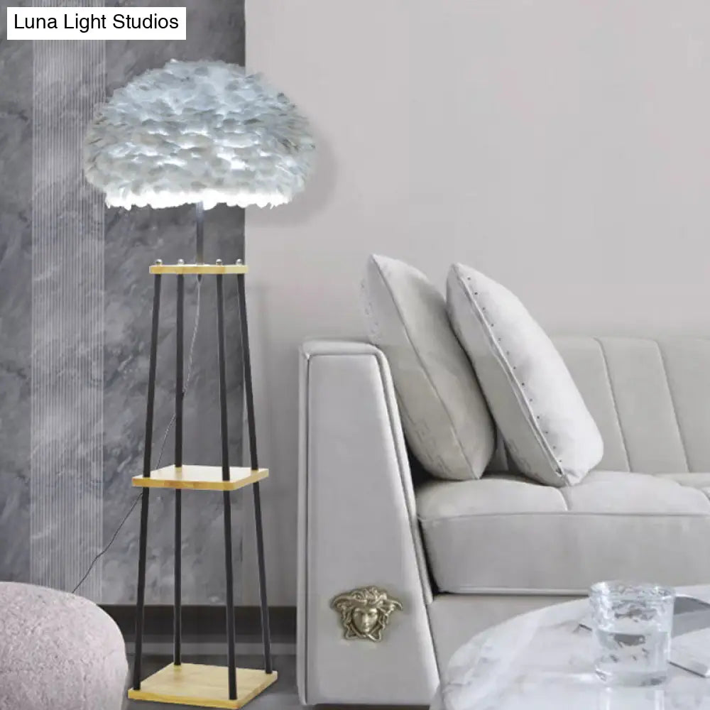 Nordic 2-Tier Wood Floor Lamp With Feather Shade - Grey/White