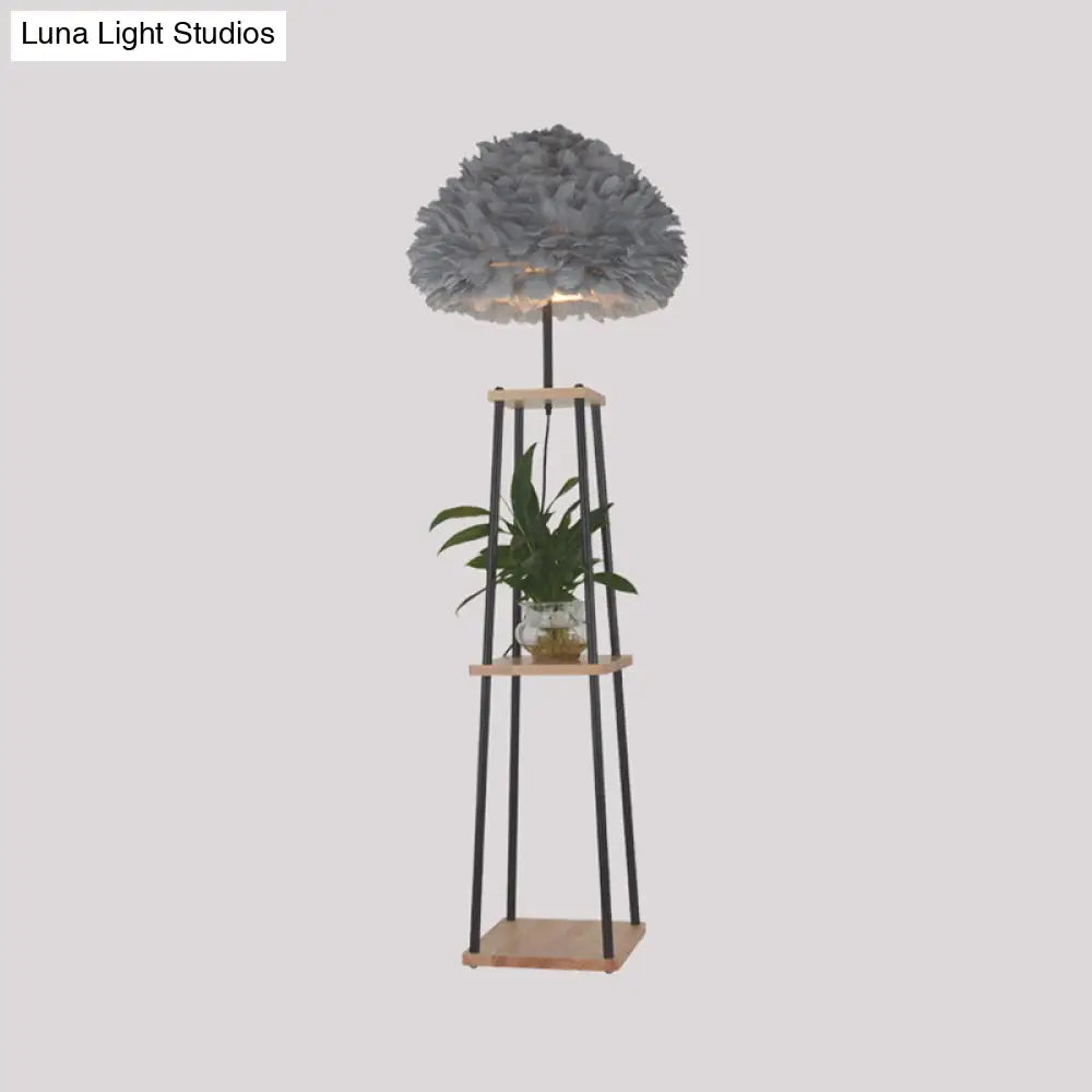 Nordic 2-Tier Wood Floor Lamp With Feather Shade - Grey/White