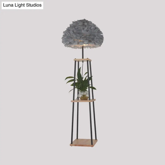 Nordic 2-Tier Wood Floor Lamp With Feather Shade - Grey/White