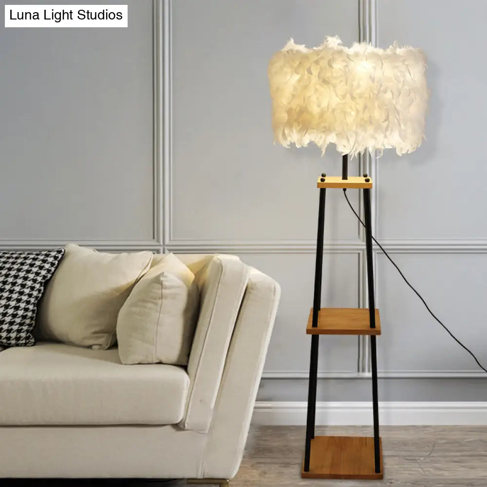 Nordic 2-Tier Wood Floor Lamp With Feather Shade - Grey/White