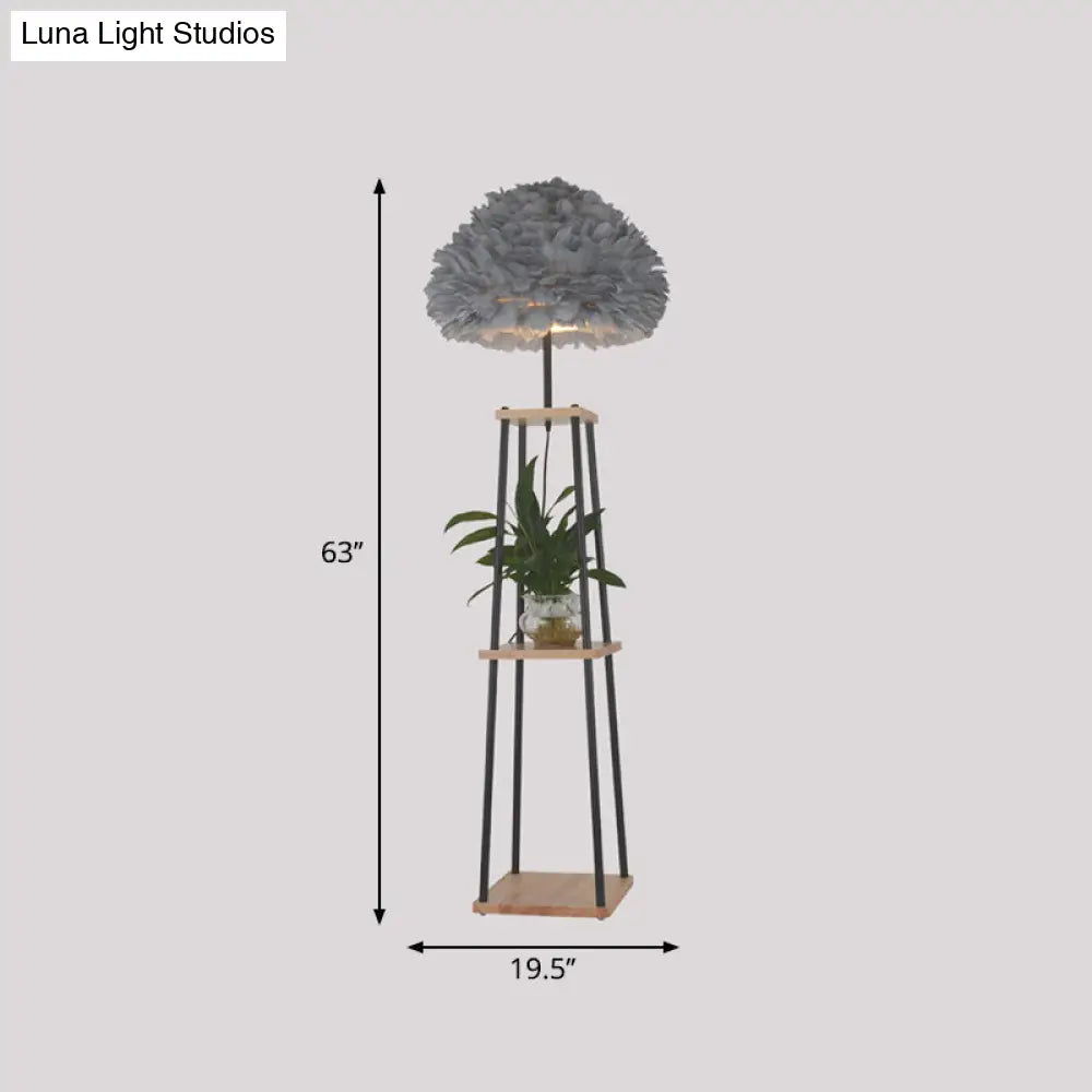 Nordic 2-Tier Wood Floor Lamp With Feather Shade - Grey/White