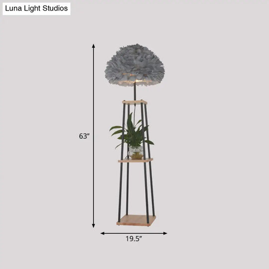 Nordic 2-Tier Wood Floor Lamp With Feather Shade - Grey/White