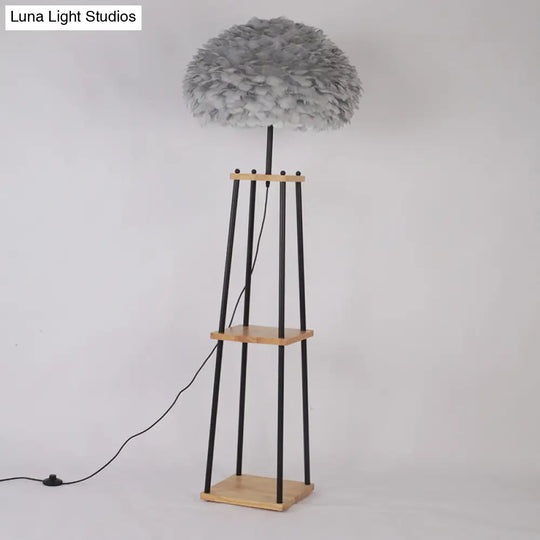 Nordic 2-Tier Wood Floor Lamp With Feather Shade - Grey/White