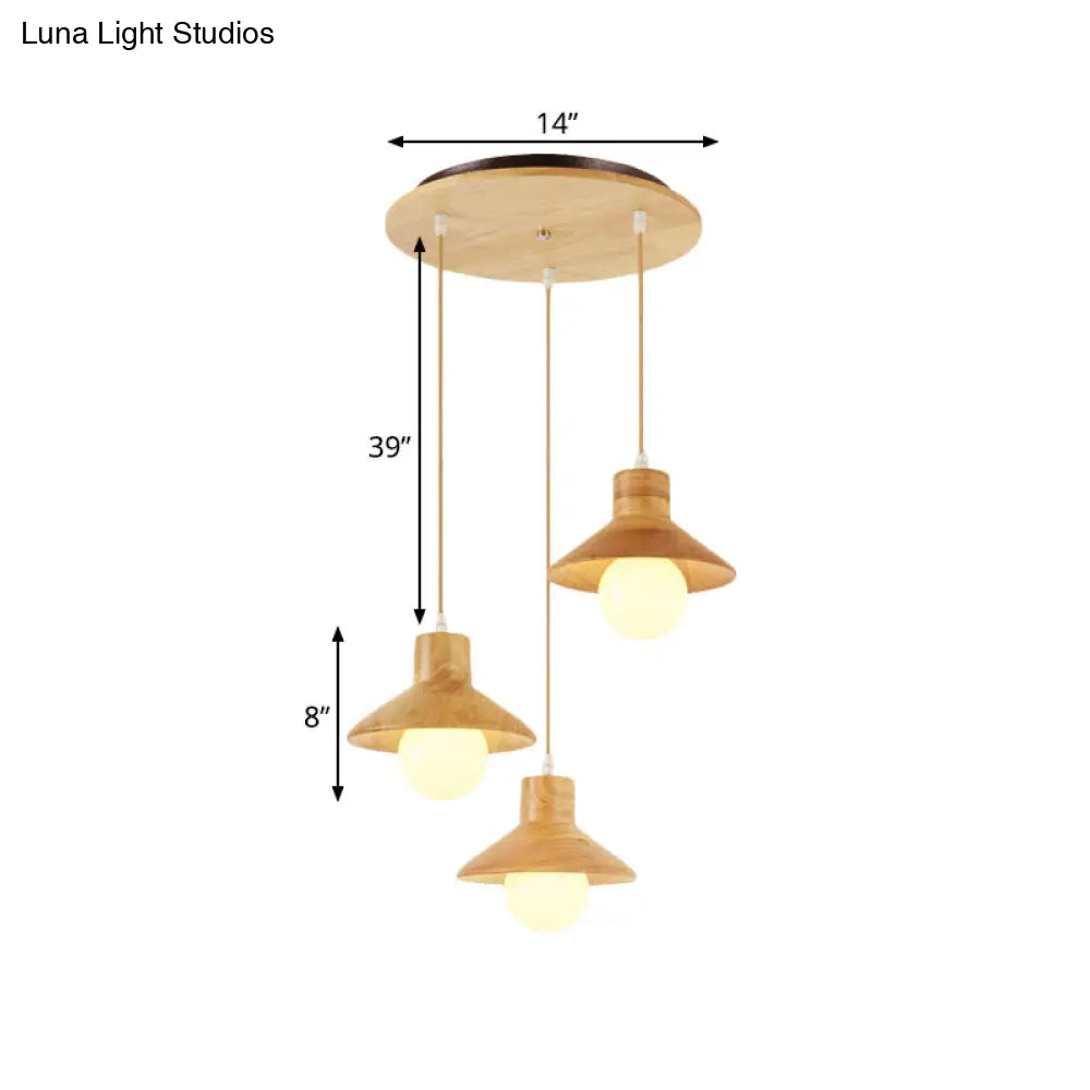 Nordic Flare Pendant Light - Beige Natural Wood Finish (3 Bulbs) Ideal For Dining Table