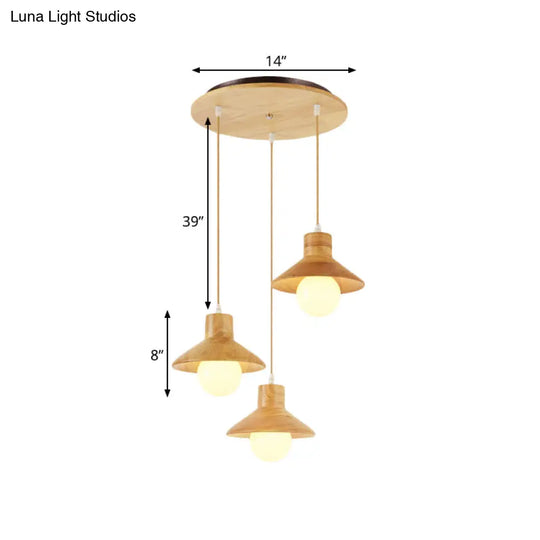 Nordic Flare Pendant Light - Beige Natural Wood Finish (3 Bulbs) Ideal For Dining Table
