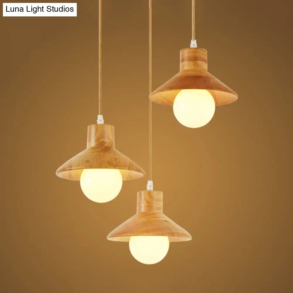 Nordic 3-Bulb Beige Flare Hanging Pendant Light With Natural Wood Finish For Dining Table
