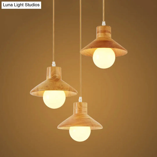 Nordic Flare Pendant Light - Beige Natural Wood Finish (3 Bulbs) Ideal For Dining Table