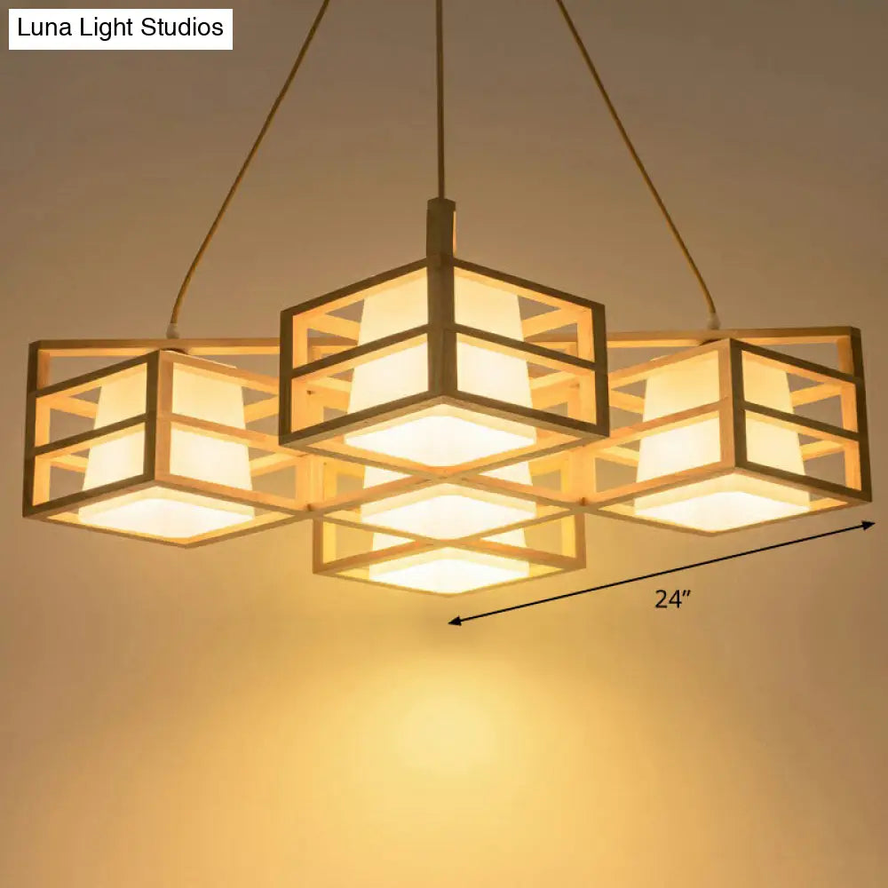 Wooden Cage Style Nordic Pendant Chandelier With 5-Head Beige Multi Pendants And Opal Glass Shade