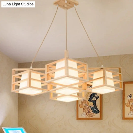 Wooden Cage Style Nordic Pendant Chandelier With 5-Head Beige Multi Pendants And Opal Glass Shade