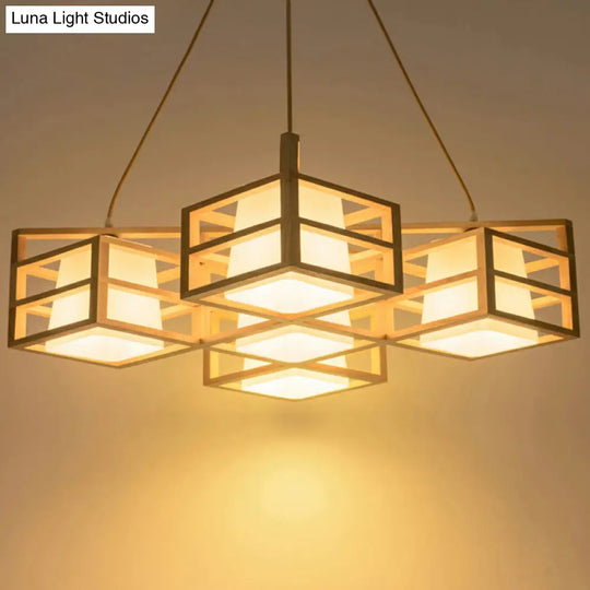 Nordic 5-Head Wooden Pendant Chandelier With Opal Glass Shades - Symmetric Cage Style And Beige