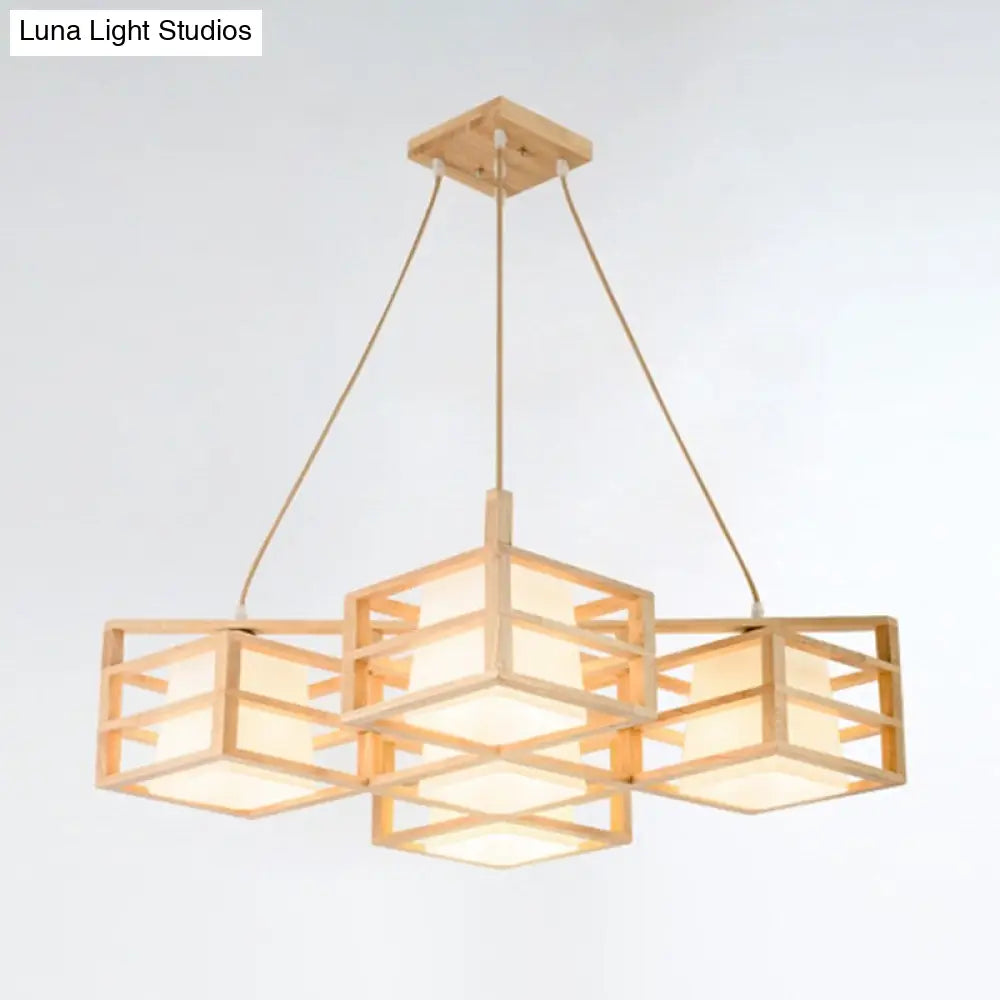 Wooden Cage Style Nordic Pendant Chandelier With 5-Head Beige Multi Pendants And Opal Glass Shade