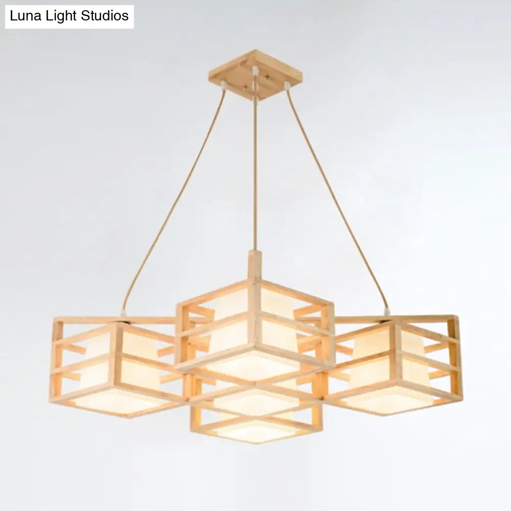 Nordic 5-Head Wooden Pendant Chandelier With Opal Glass Shades - Symmetric Cage Style And Beige