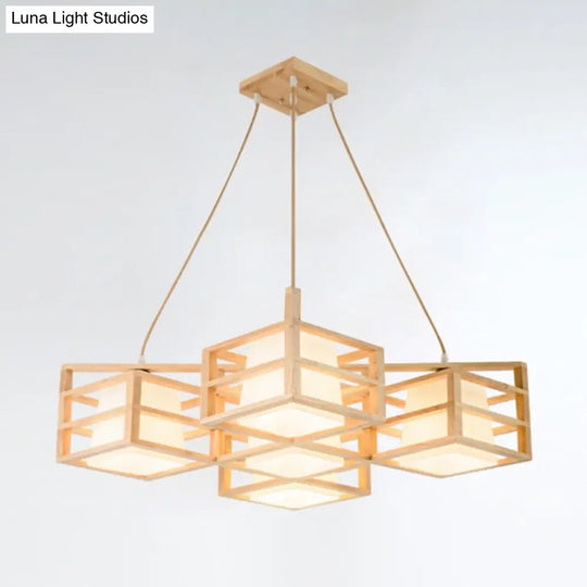 Nordic 5-Head Wooden Pendant Chandelier With Opal Glass Shades - Symmetric Cage Style And Beige