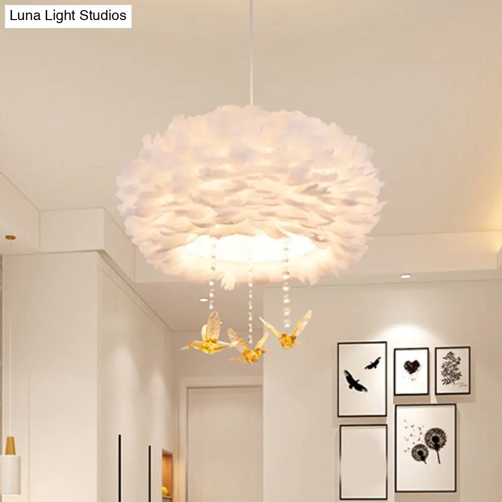 Nordic White Chandelier With Goose Feather Drums Bird Deco & 5 Lights - 16-31.5 Width