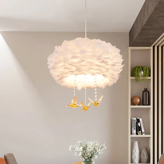 Nordic 5-Light Feather Drum Pendant Chandelier With Bird Deco - White 16’/23.5’/31.5’ Width / 16’