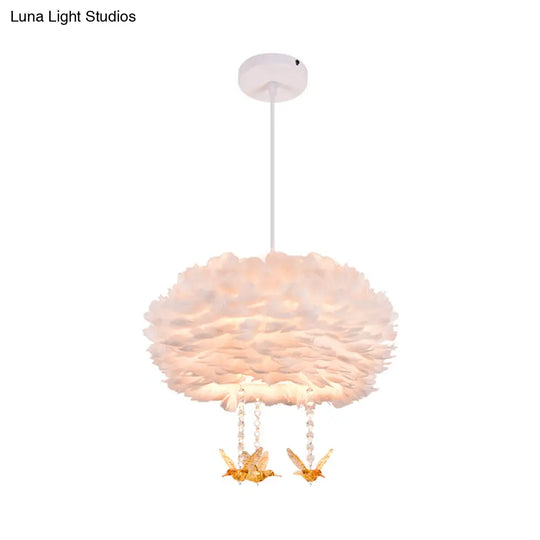 Nordic 5-Light Feather Drum Pendant Chandelier With Bird Deco - White 16’/23.5’/31.5’ Width