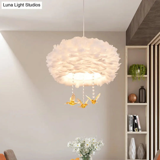 Nordic White Chandelier With Goose Feather Drums Bird Deco & 5 Lights - 16-31.5 Width / 16