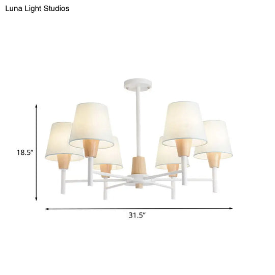 Nordic 6-Light White-Wood Chandelier With Fabric Lampshade