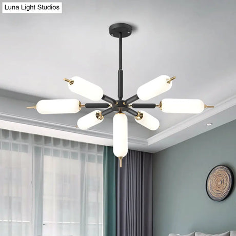 Nordic 7-Light Wooden Chandelier With Black Suspension And Matte Glass Shade