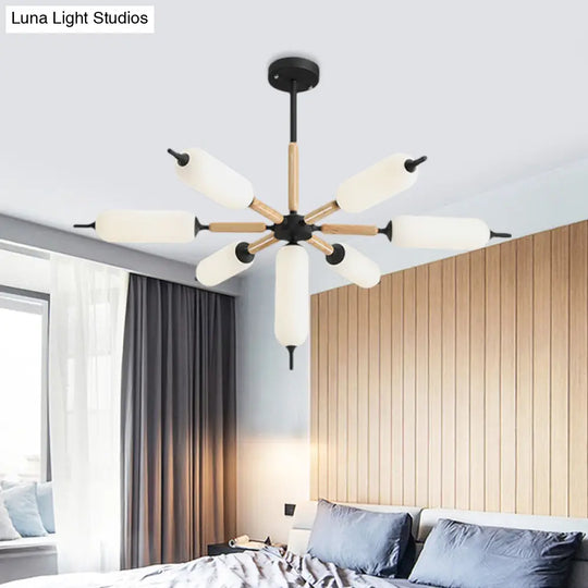Nordic 7-Light Wooden Chandelier With Black Suspension And Matte Glass Shade