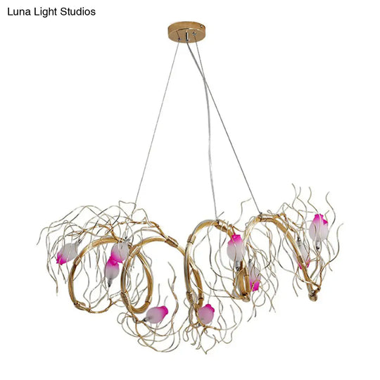 Nordic 8-Light Chandelier With Gold Branch And Glass Rose Pendant For Dining Room