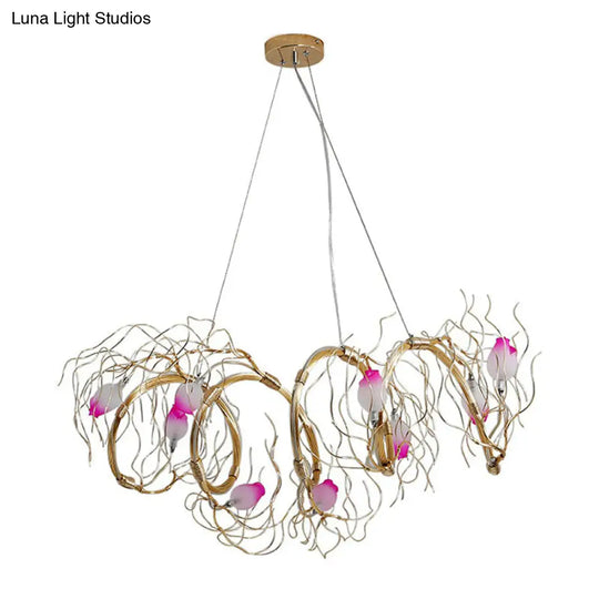 Nordic Glass Rose Pendant Chandelier With Gold Branch - 8-Light For Dining Room