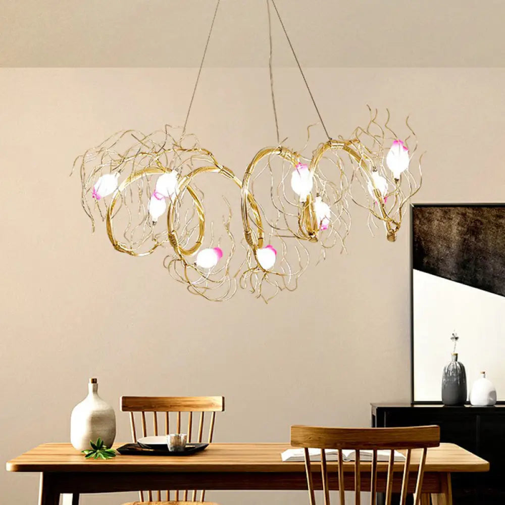 Nordic 8-Light Chandelier With Gold Branch And Glass Rose Pendant For Dining Room Purple