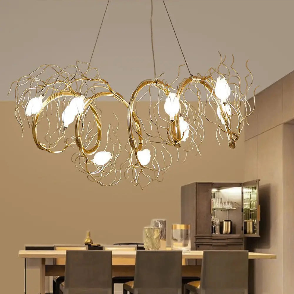 Nordic 8-Light Chandelier With Gold Branch And Glass Rose Pendant For Dining Room White