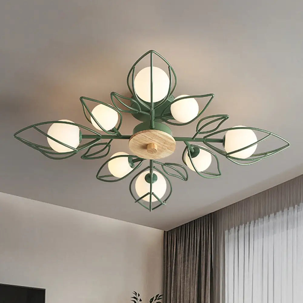 Nordic 8 - Light Flush Mount Ceiling Light: Green Petal Design With Metallic Finish & Orb Glass