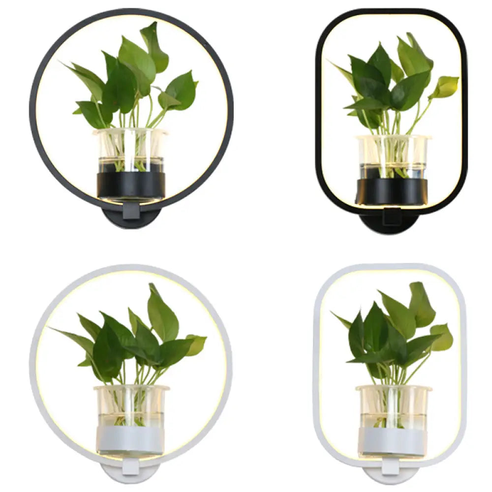 Nordic Acrylic Bedside Led Wall Lamp - Ring Shaped Sconce Lighting With Glass Plant Cup Black / Warm