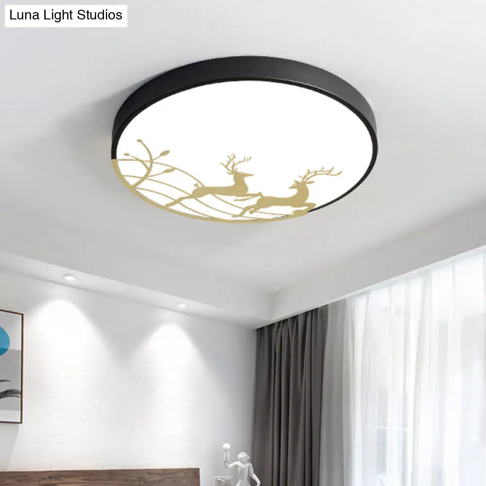 Nordic Acrylic Flush Mount Led Ceiling Lamp For Bedroom - Elk Dance Pattern White/Black Black