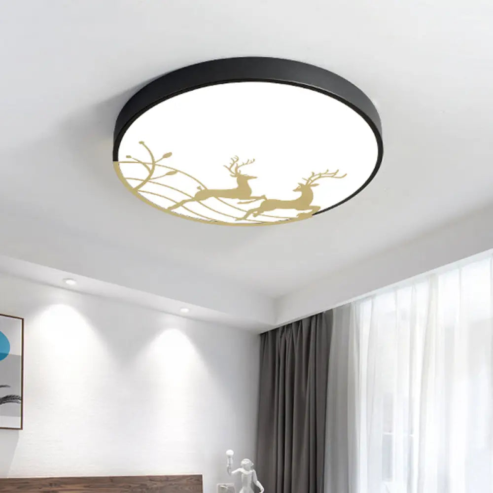 Nordic Acrylic Flush Mount Led Ceiling Lamp For Bedroom - Elk Dance Pattern White/Black Black