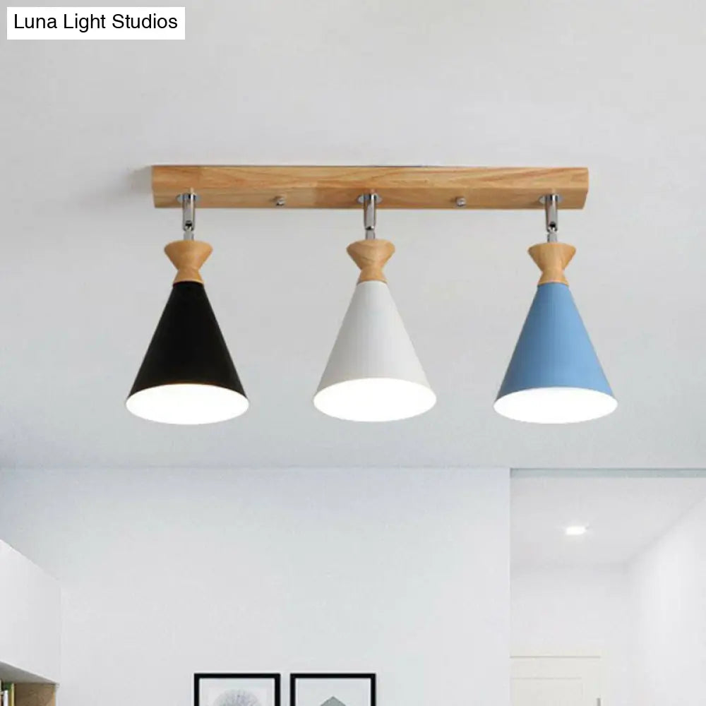 Nordic Adjustable 3-Light Semi Flush Ceiling Lamp For Living Room - Metal Conical Design Blue