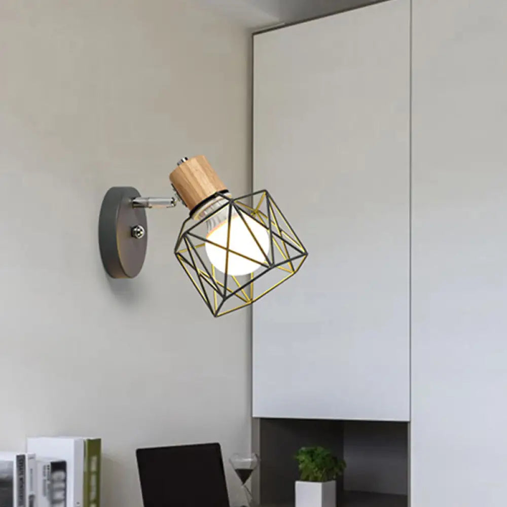 Nordic Adjustable Wall Lamp - Polygon Cage/Antler Bedside Light Fixture Metallic Finish 1 Head