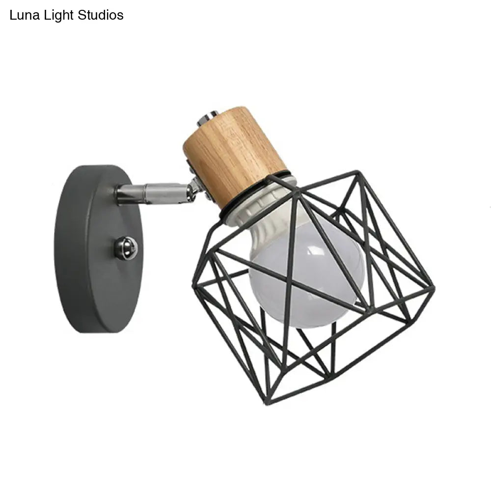 Nordic Adjustable Wall Lamp - Polygon Cage/Antler Bedside Light Fixture Metallic Finish 1 Head