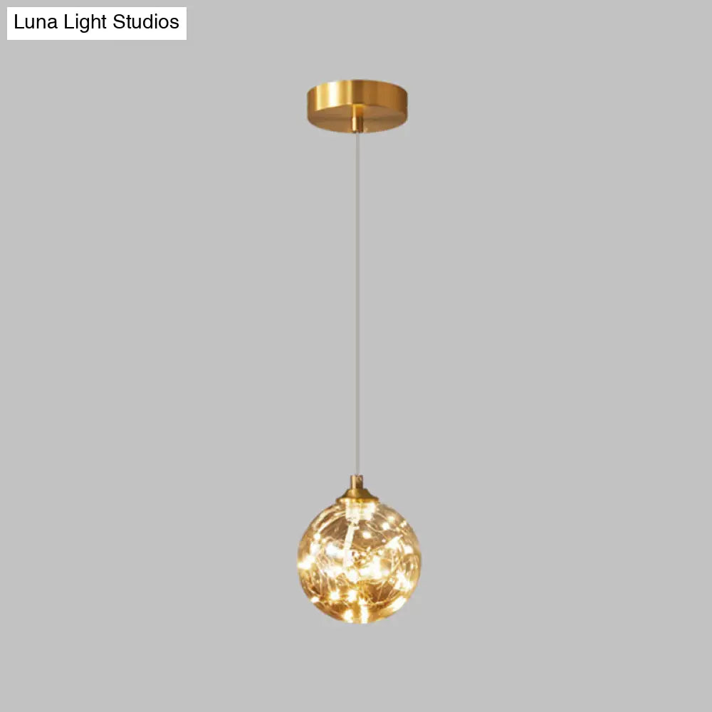 Amber Glass Led Pendant Lamp With Brass Finish - Nordic Style Lighting For Bedroom 1 /